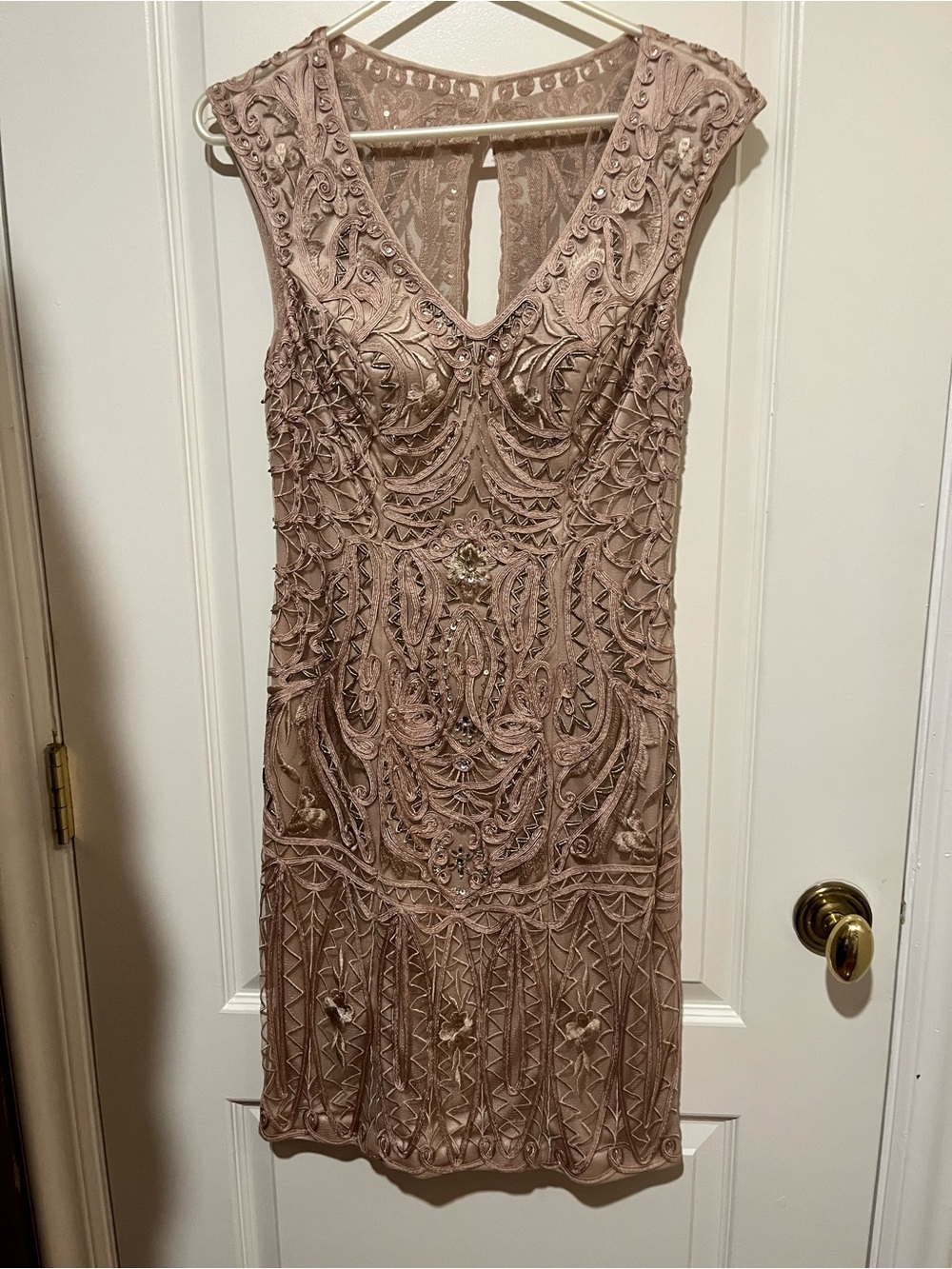 Sue Wong Dusty Rose Beaded V-Neck Cocktail Dress